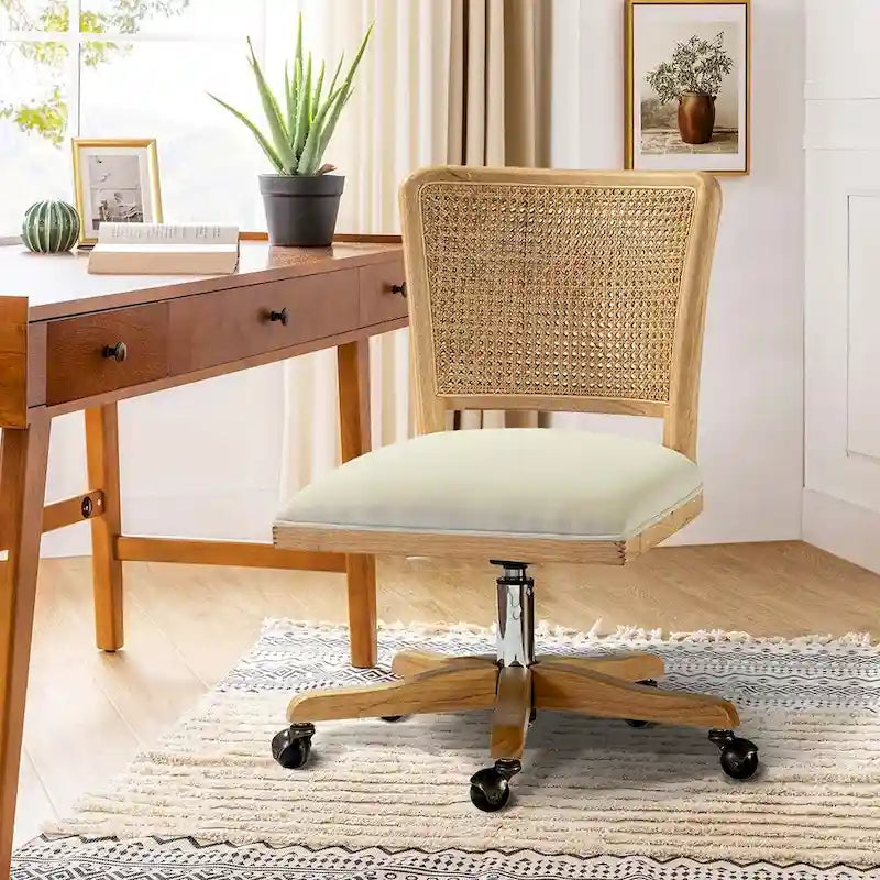 Chaise de bureau moderne à dossier en rotin (pieds en bois massif)