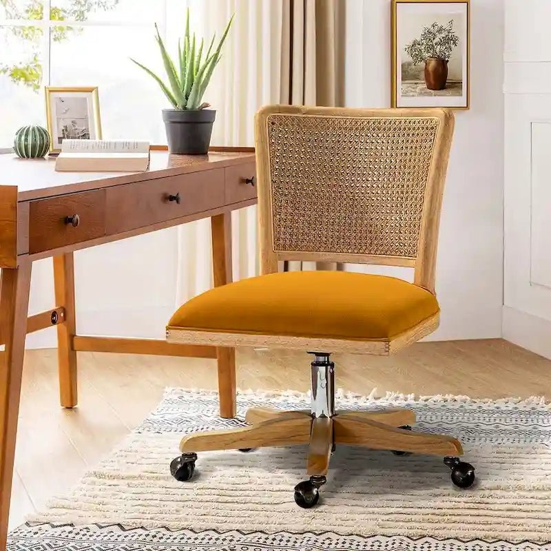Chaise de bureau moderne à dossier en rotin (pieds en bois massif)