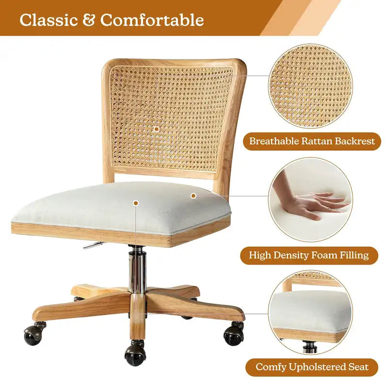 Chaise de bureau moderne à dossier en rotin (pieds en bois massif)
