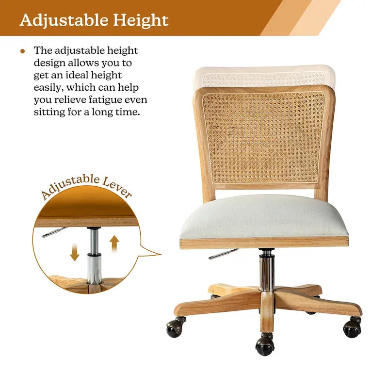 Chaise de bureau moderne à dossier en rotin (pieds en bois massif)