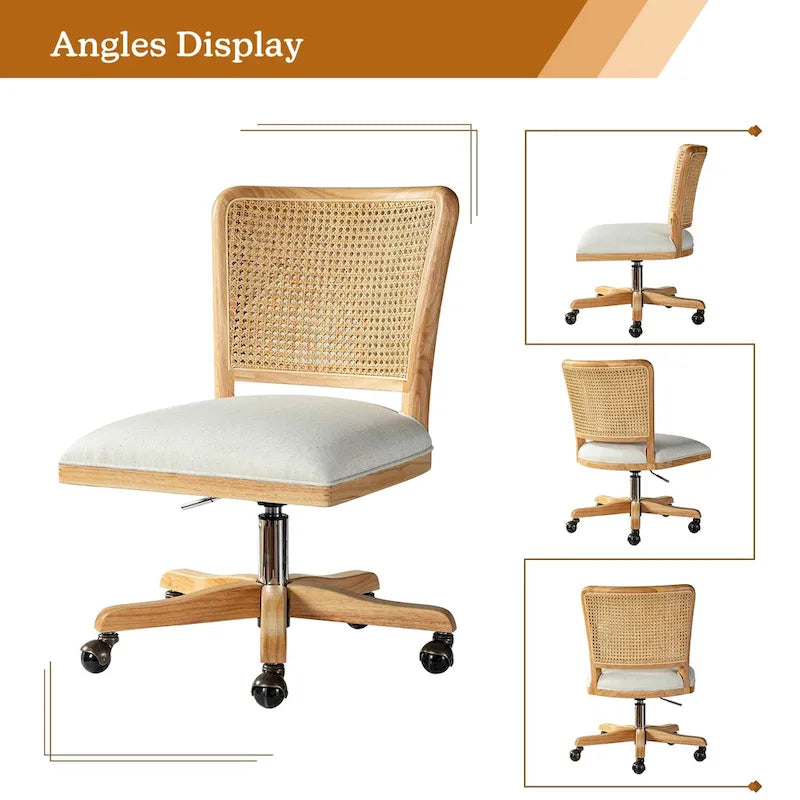 Chaise de bureau moderne à dossier en rotin (pieds en bois massif)