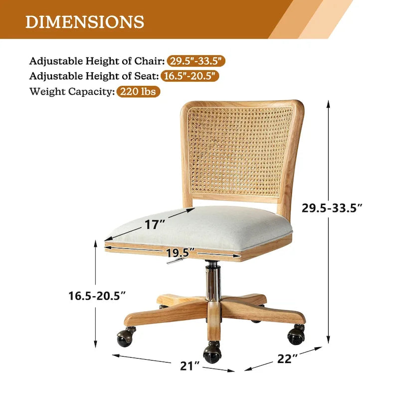 Chaise de bureau moderne à dossier en rotin (pieds en bois massif)