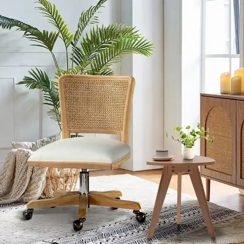 Chaise de bureau moderne à dossier en rotin (pieds en bois massif)