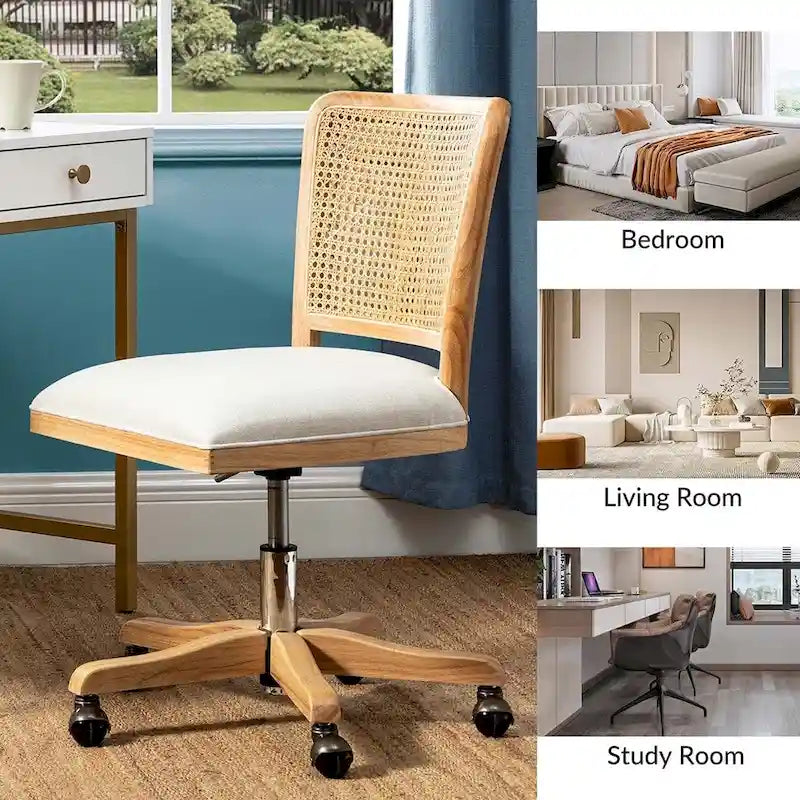 Chaise de bureau moderne à dossier en rotin (pieds en bois massif)