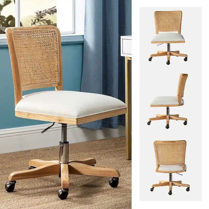 Chaise de bureau moderne à dossier en rotin (pieds en bois massif)
