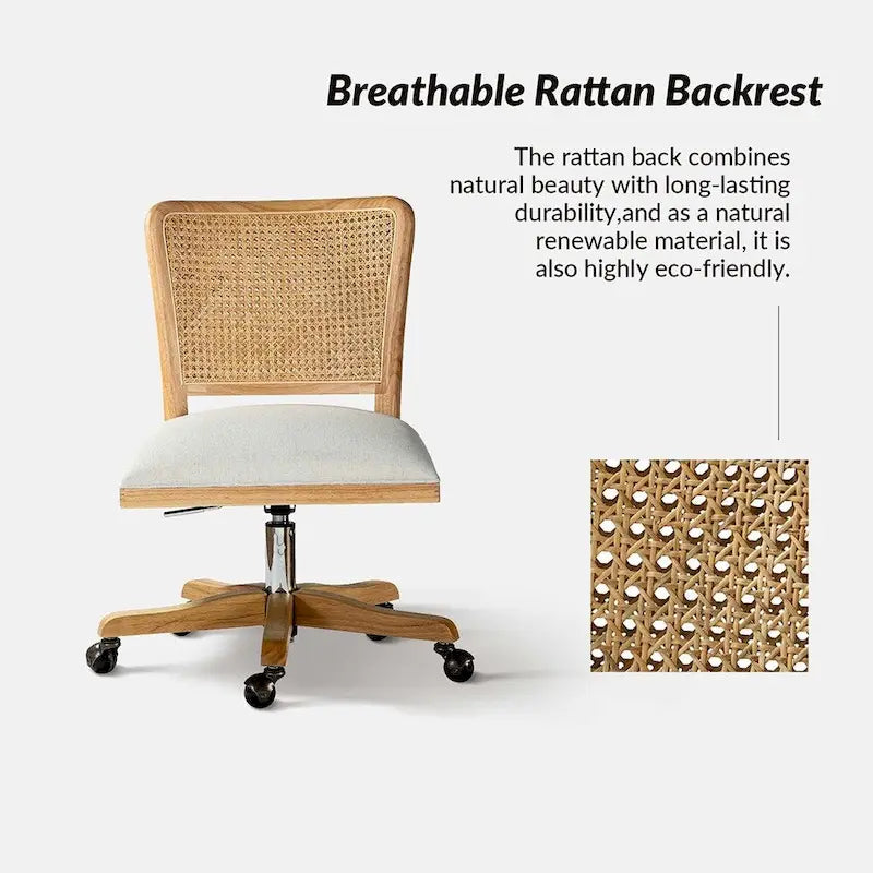 Chaise de bureau moderne à dossier en rotin (pieds en bois massif)