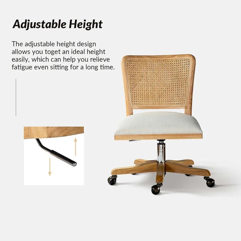 Chaise de bureau moderne à dossier en rotin (pieds en bois massif)