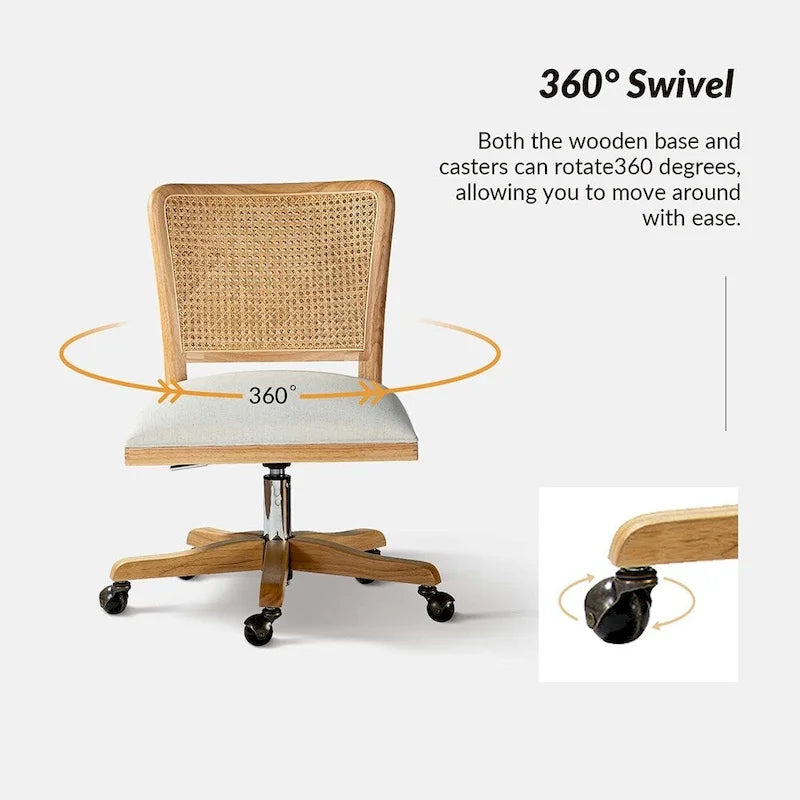 Chaise de bureau moderne à dossier en rotin (pieds en bois massif)