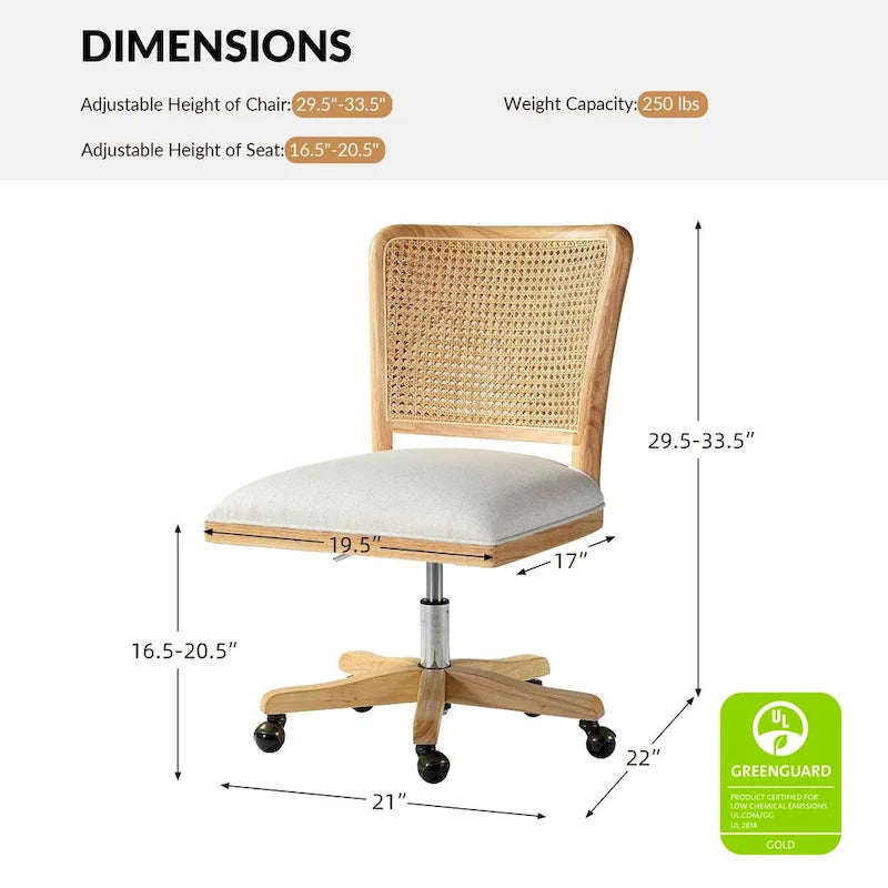 Chaise de bureau moderne à dossier en rotin (pieds en bois massif)