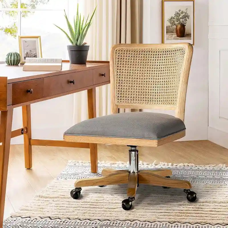 Chaise de bureau moderne à dossier en rotin (pieds en bois massif)