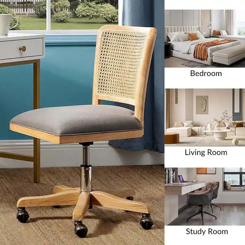 Chaise de bureau moderne à dossier en rotin (pieds en bois massif)
