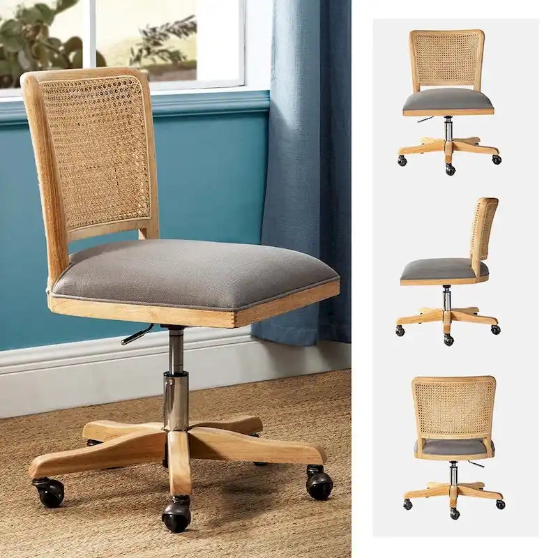 Chaise de bureau moderne à dossier en rotin (pieds en bois massif)