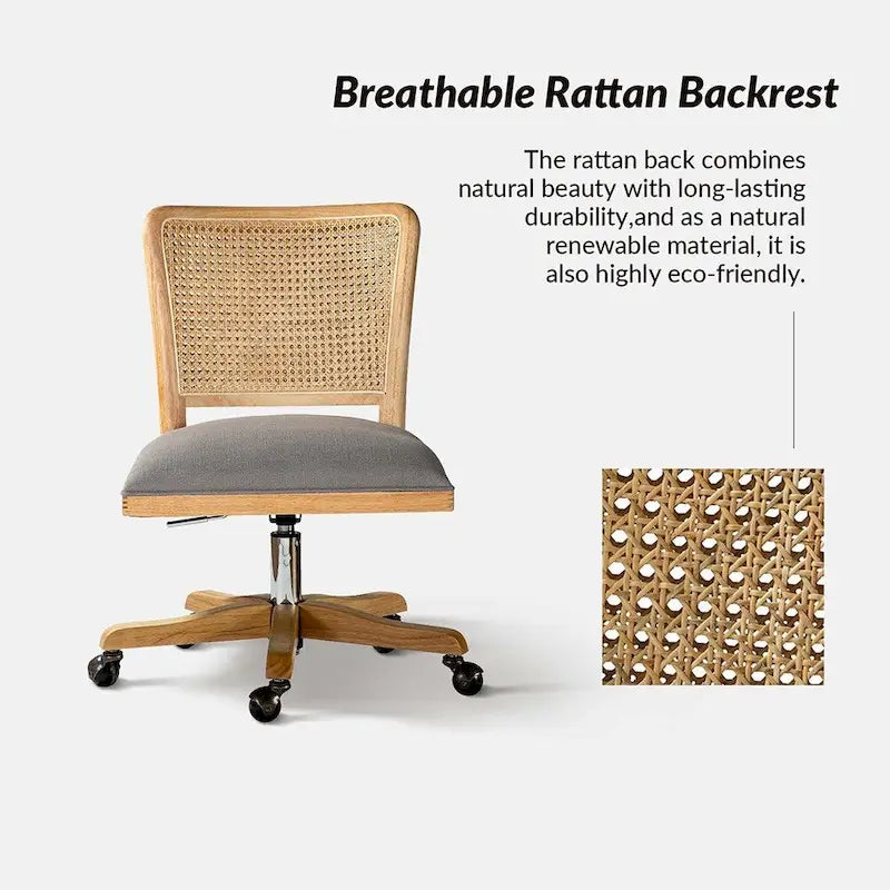Chaise de bureau moderne à dossier en rotin (pieds en bois massif)