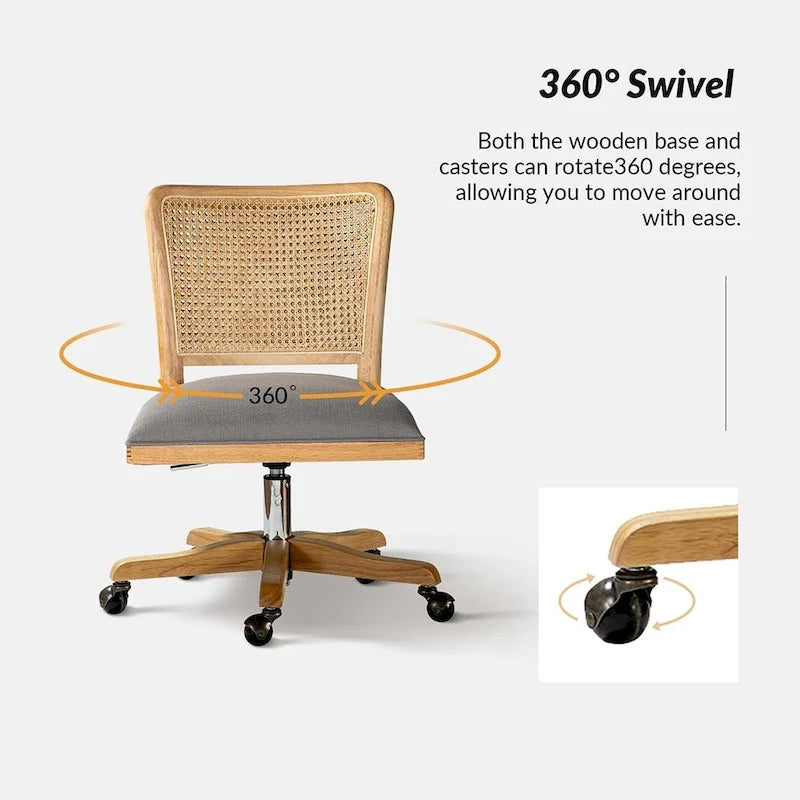 Chaise de bureau moderne à dossier en rotin (pieds en bois massif)