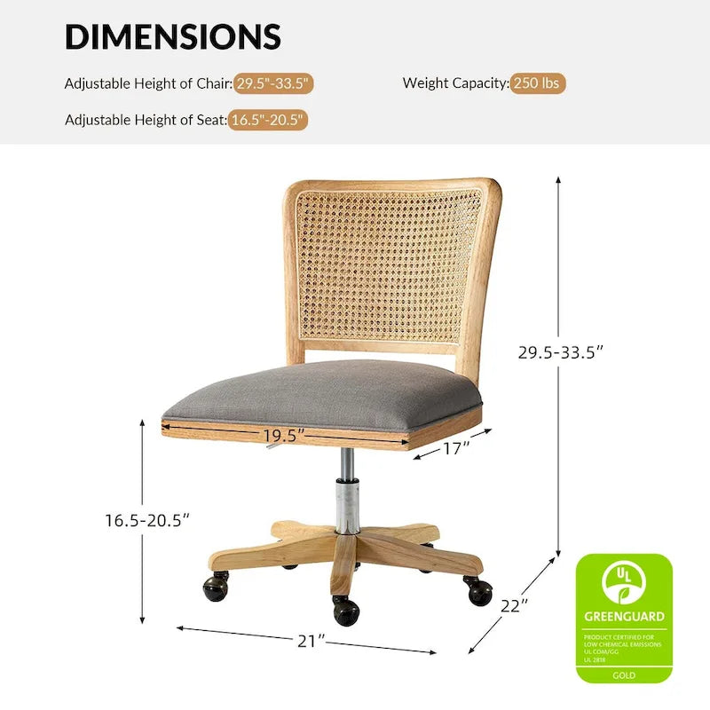 Chaise de bureau moderne à dossier en rotin (pieds en bois massif)
