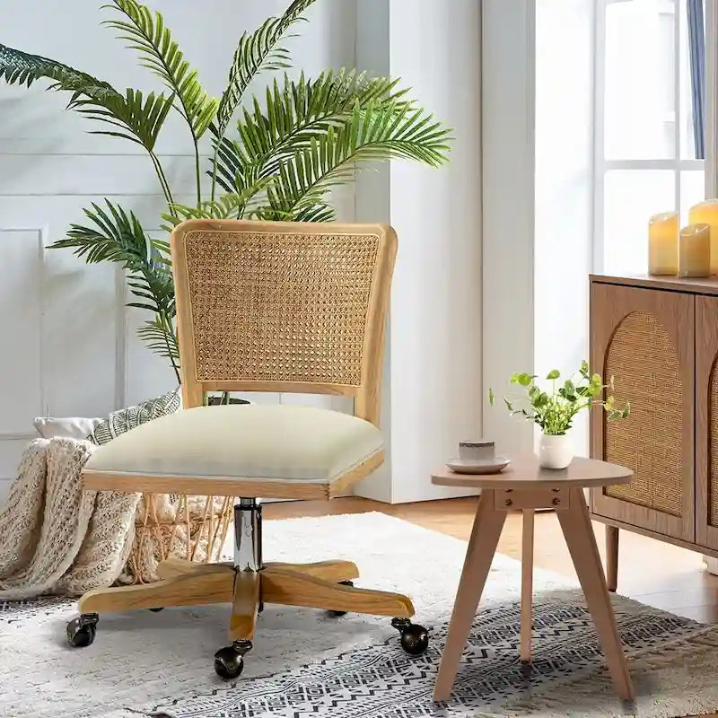 Chaise de bureau moderne à dossier en rotin (pieds en bois massif)