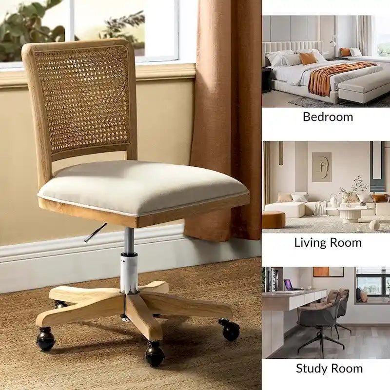 Chaise de bureau moderne à dossier en rotin (pieds en bois massif)