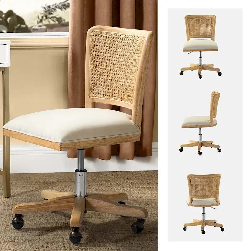 Chaise de bureau moderne à dossier en rotin (pieds en bois massif)