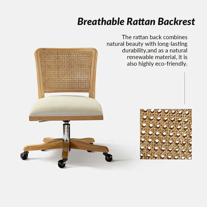 Chaise de bureau moderne à dossier en rotin (pieds en bois massif)