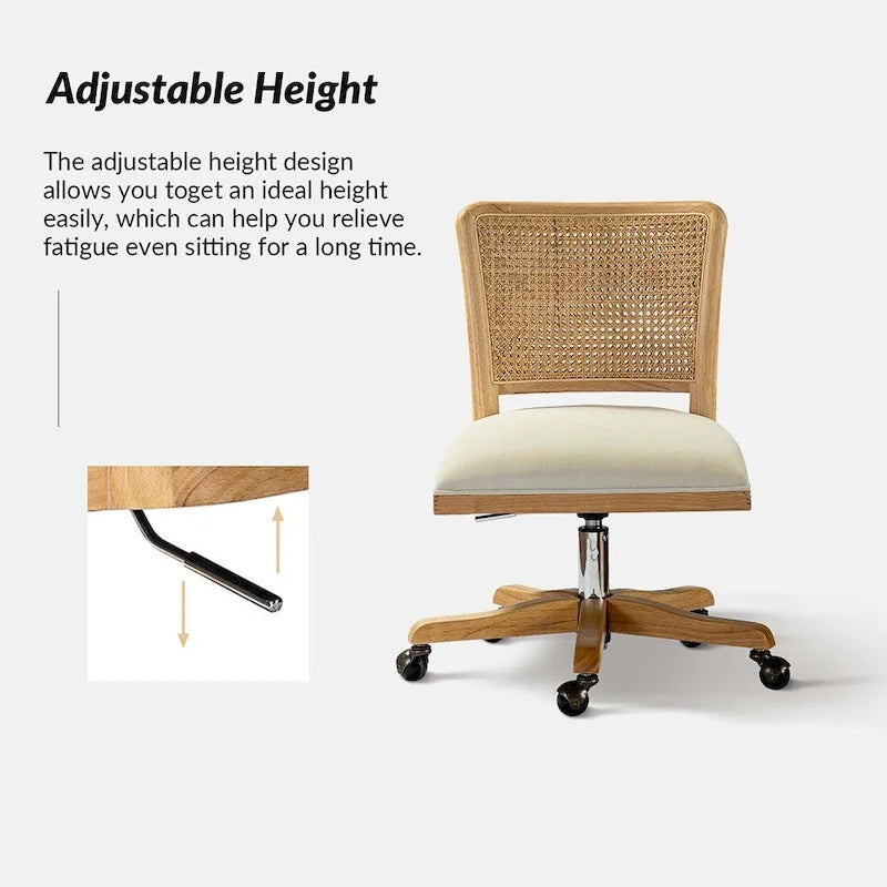 Chaise de bureau moderne à dossier en rotin (pieds en bois massif)