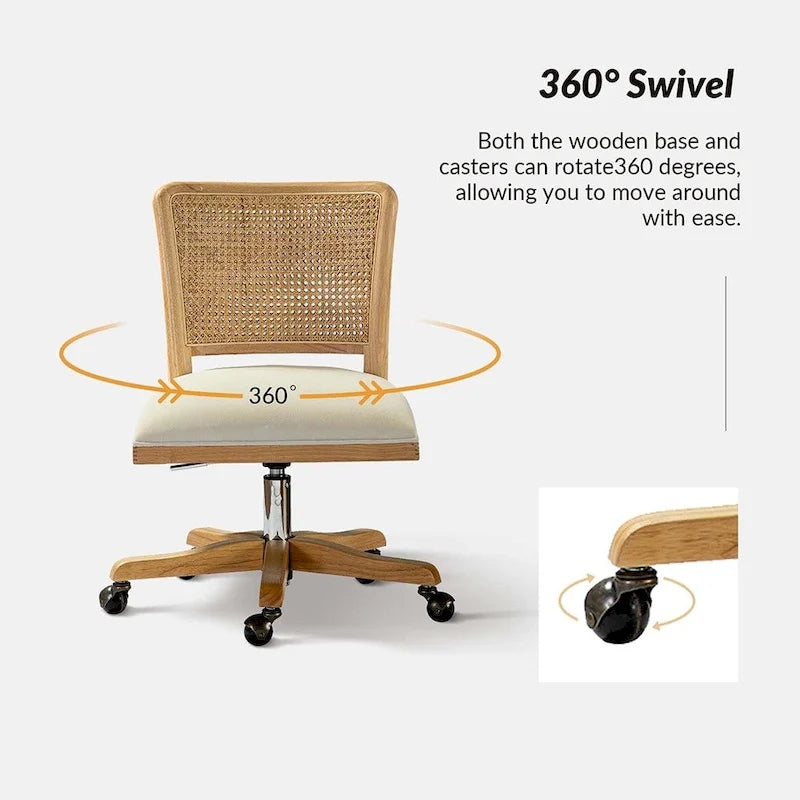 Chaise de bureau moderne à dossier en rotin (pieds en bois massif)