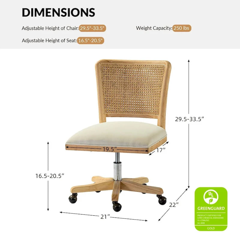 Chaise de bureau moderne à dossier en rotin (pieds en bois massif)