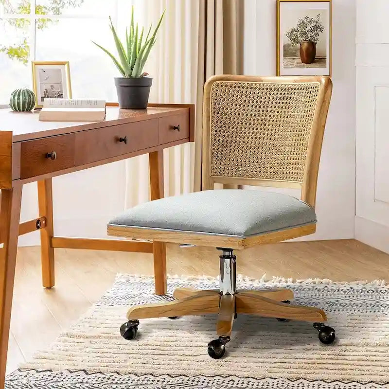 Chaise de bureau moderne à dossier en rotin (pieds en bois massif)