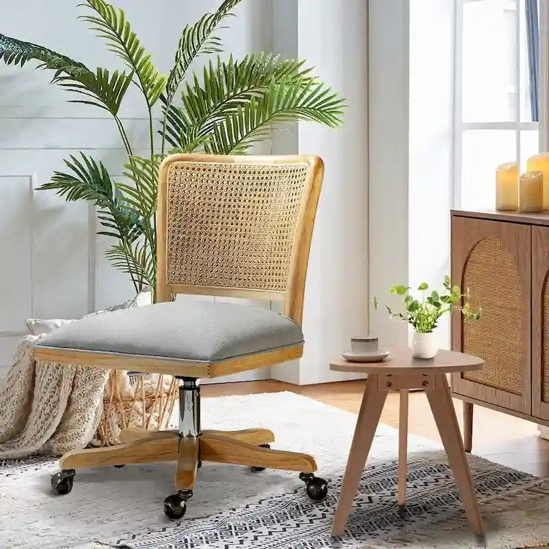 Chaise de bureau moderne à dossier en rotin (pieds en bois massif)