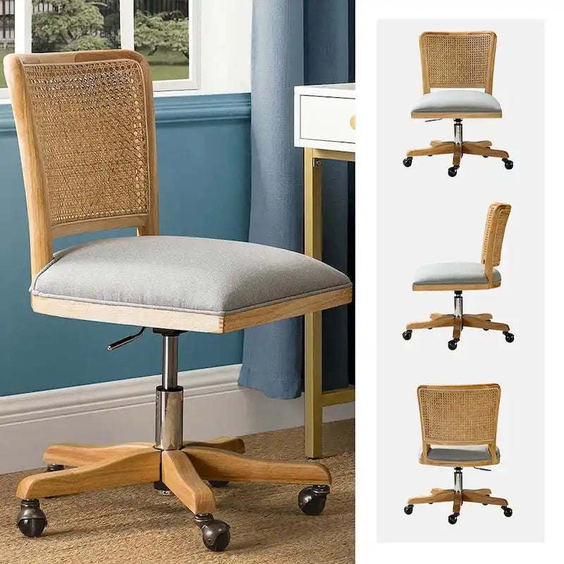 Chaise de bureau moderne à dossier en rotin (pieds en bois massif)