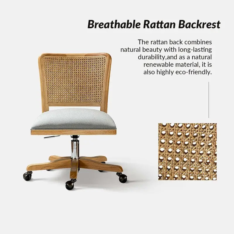 Chaise de bureau moderne à dossier en rotin (pieds en bois massif)