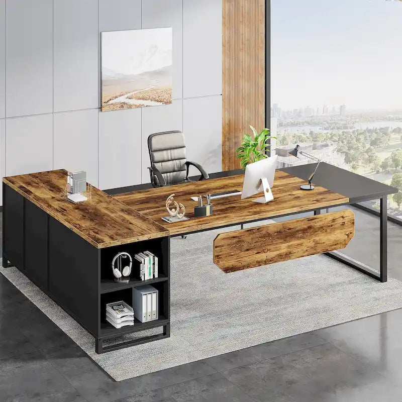 Bureau de direction de 180 cm avec classeur de 140 cm, grand bureau d'ordinateur en L avec étagères de rangement et armoire