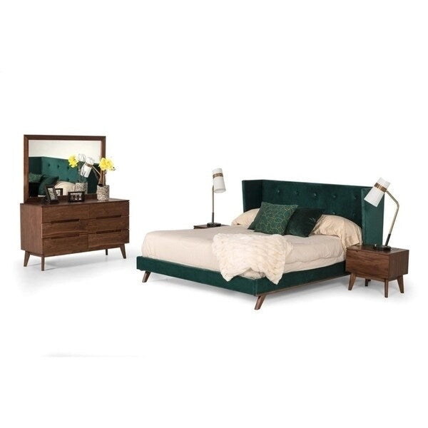 Lit moderne en tissu vert et noyer