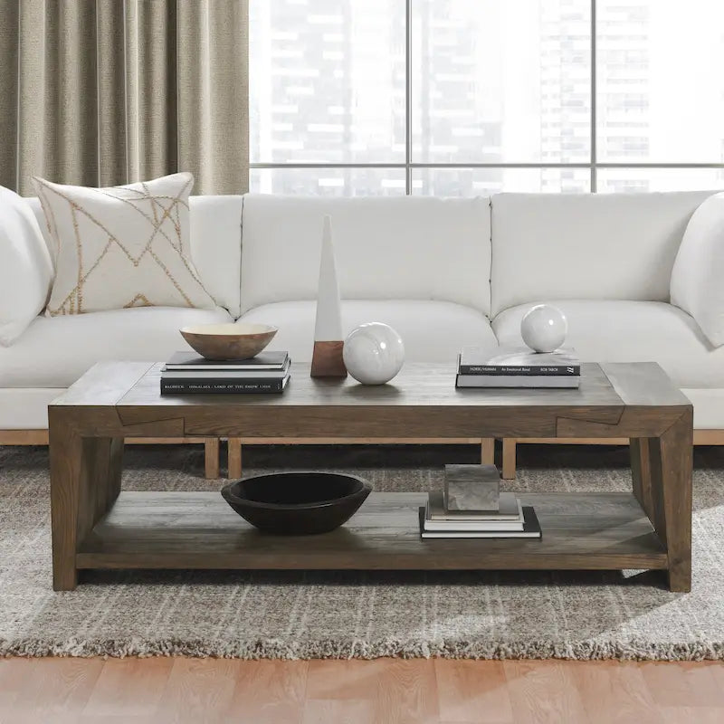 Table basse moderne en chêne vieilli avec étagère de rangement
