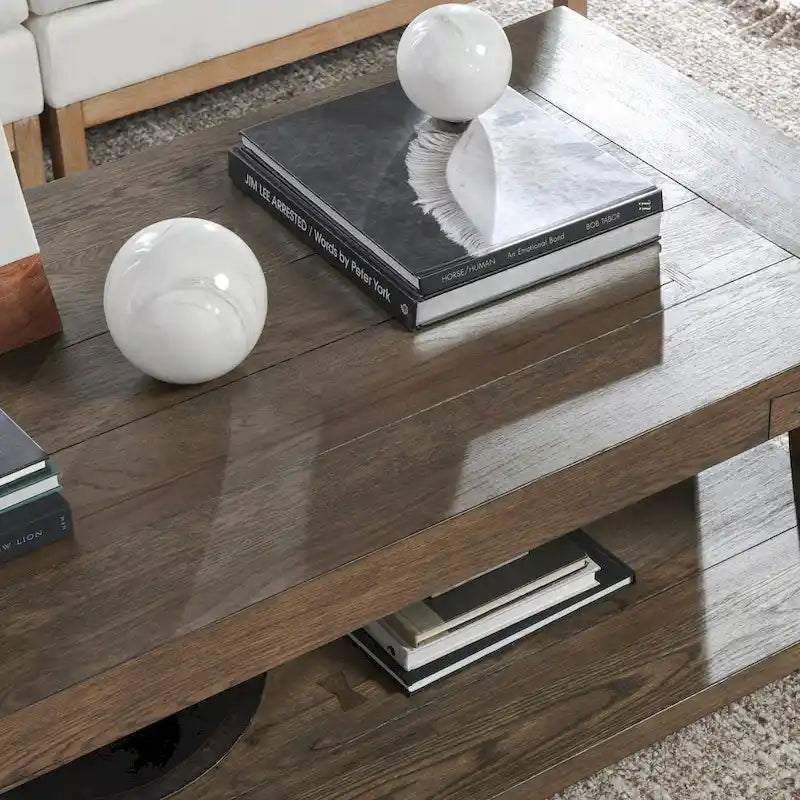 Table basse moderne en chêne vieilli avec étagère de rangement