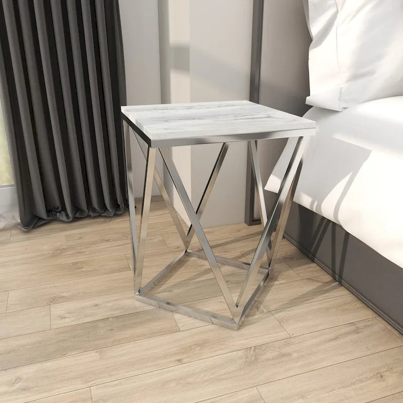 Table d'appoint en métal acier inoxydable avec plateau en marbre - Argent