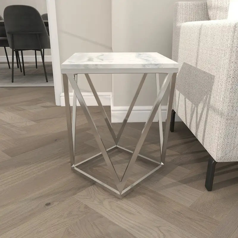 Table d'appoint en métal acier inoxydable avec plateau en marbre - Argent