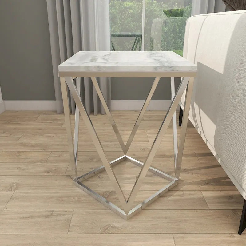 Table d'appoint en métal acier inoxydable avec plateau en marbre - Argent
