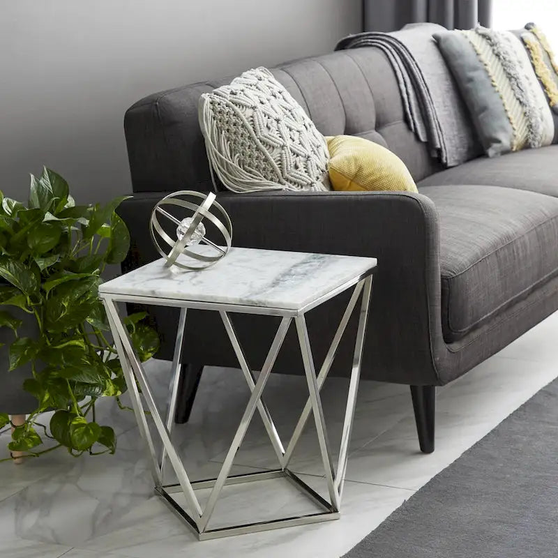 Table d'appoint en métal acier inoxydable avec plateau en marbre - Argent