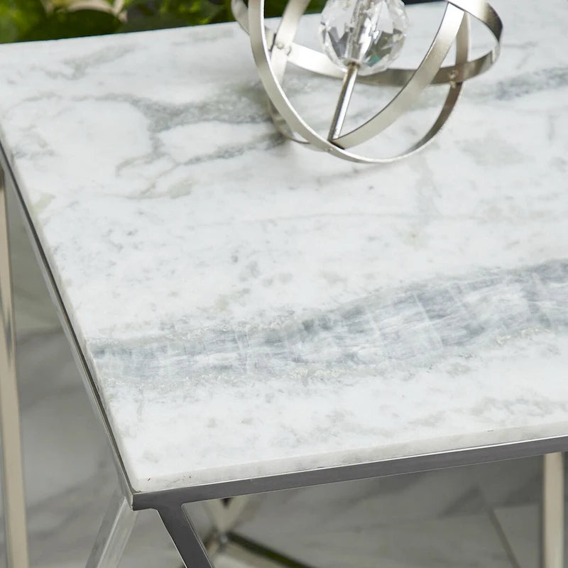Table d'appoint en métal acier inoxydable avec plateau en marbre - Argent