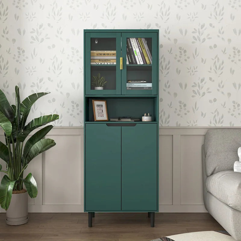 Tall Storage Show Cabinet with 2 Glass Display Door & 2 Doors
